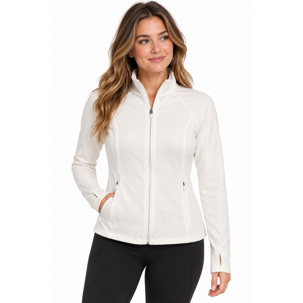 Athleta Women's M White Ribbed Full Zip Jacket Thumbholes Zip Pockets Athletic